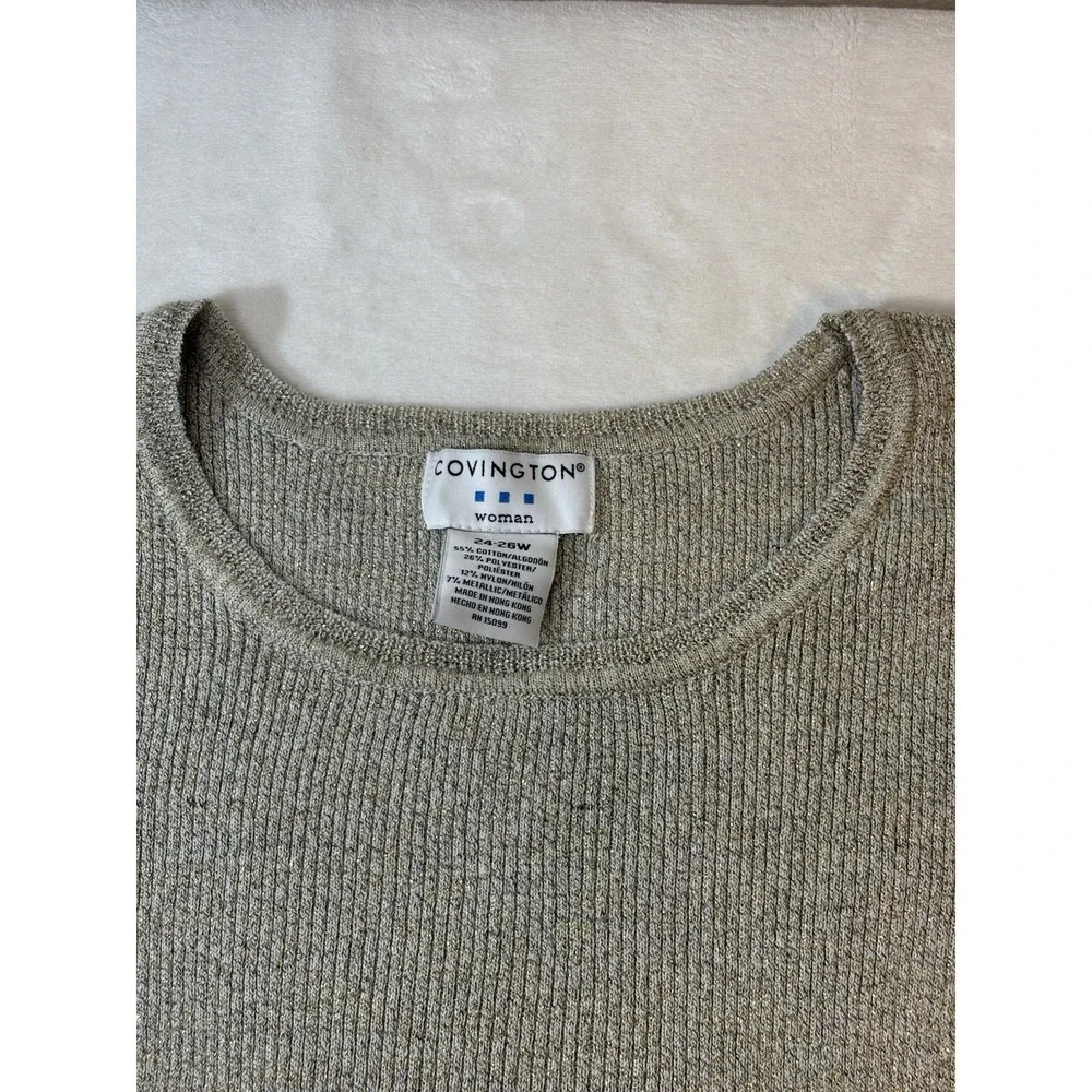 VTG Covington Womens 24/26W Gold Metallic Thread‎ Ribbed Short Sleeve Sweater